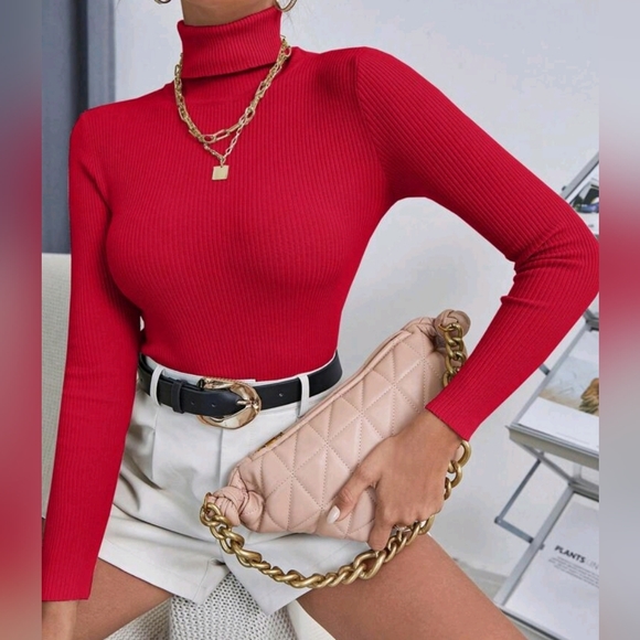 NEW Chic Ribbed Knit Turtleneck Sweater Top Bodycon Red - Picture 4 of 8